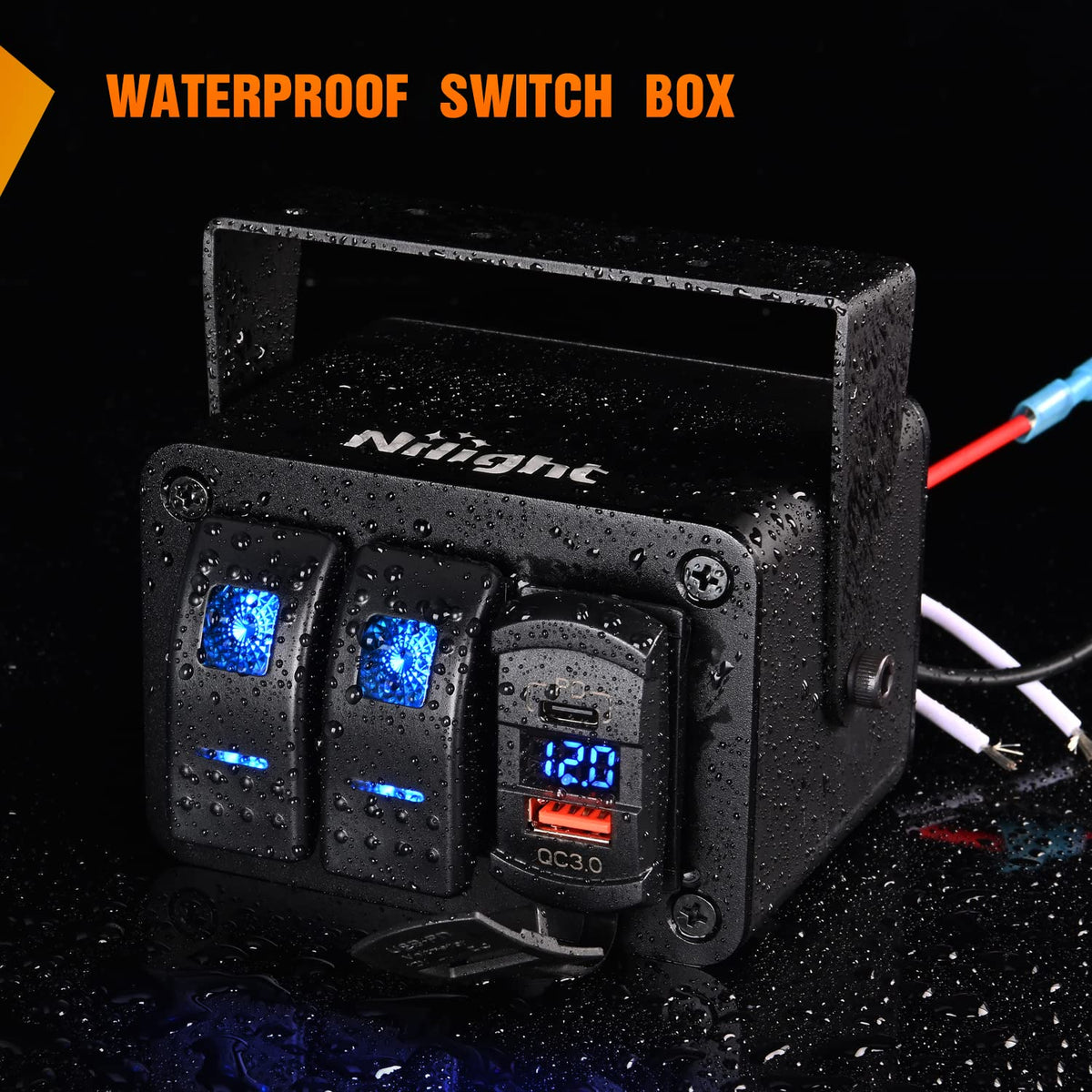 Nilight 90311B-C Caja de 2 Interruptores Basculantes SPST 12 V con Puerto USB Tipo C, QC 3.0 y Voltímetro, Impermeable, para Barco y Auto