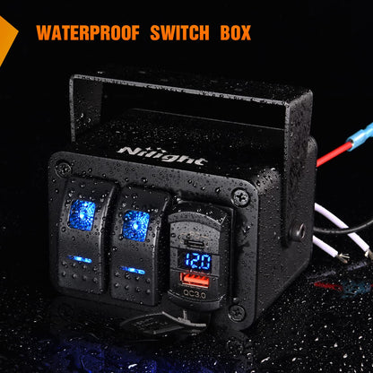 Nilight 90311B-C Caja de 2 Interruptores Basculantes SPST 12 V con Puerto USB Tipo C, QC 3.0 y Voltímetro, Impermeable, para Barco y Auto