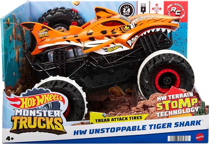 Hot Wheels Monster Trucks Vehículo Control Remoto Tiger Shark 1:15 4+ Años | Tecnología Terrain Stomp, recarga USB con 25 min de juego y alcance de 30 m