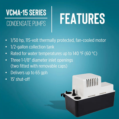 Little Giant VCMA-15UL Bomba automática de extracción de condensado de 115 voltios, 65 GPH, 1/50 HP para sistemas HVAC/refrigeración/deshumidificadores (sin interruptor de seguridad), cable de 6 pies