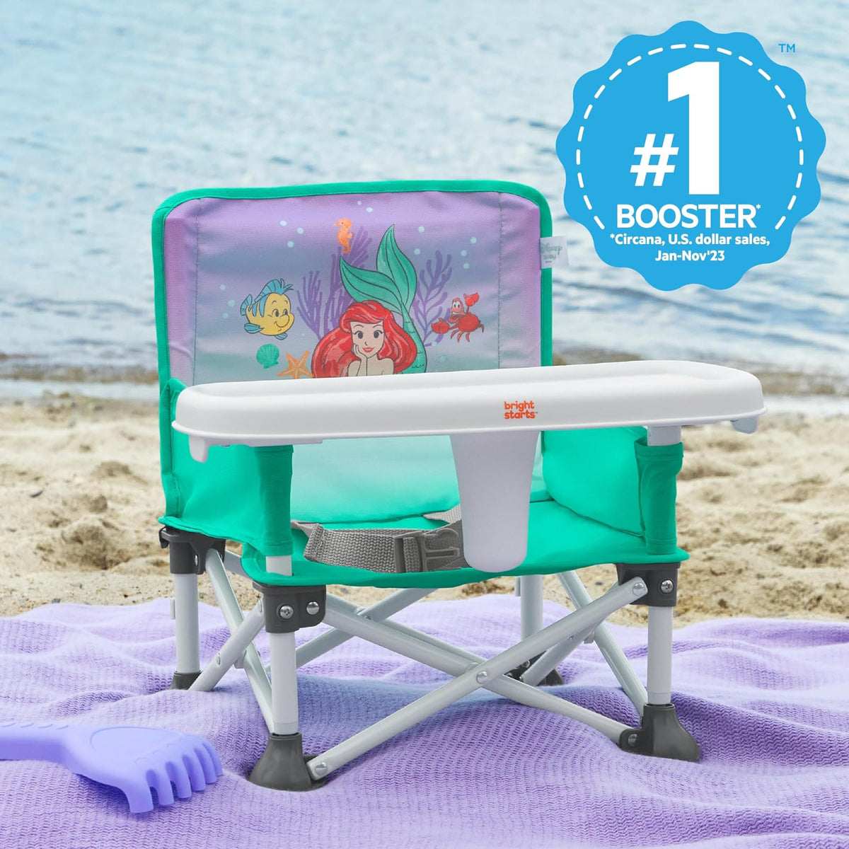 Asiento elevador portátil Pop 'N Sit Disney Princesa Ariel de Bright Starts, Uso Interior/Exterior, Asiento para el Piso con Bandeja para Comer, Azul 6 meses - 3 años