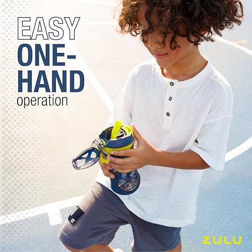 ZULU - Paquete de 2 botellas de agua de plástico para niños de 16 onzas con funda de silicona y tapa abatible a prueba de fugas, bucle de transporte suave al tacto para mochila escolar, lonchera sin