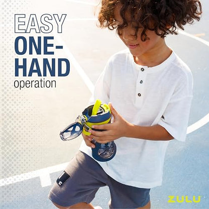 ZULU - Paquete de 2 botellas de agua de plástico para niños de 16 onzas con funda de silicona y tapa abatible a prueba de fugas, bucle de transporte suave al tacto para mochila escolar, lonchera sin