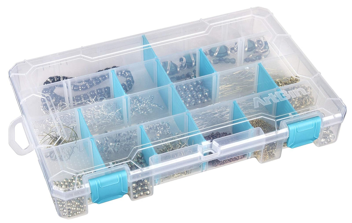 ArtBin 6847AG Caja mediana antideslustre con separadores extraíbles, organizador de joyas y manualidades con tecnología antideslustre, [1] caja de almacenamiento de plástico, transparente con detalles de aguamarina