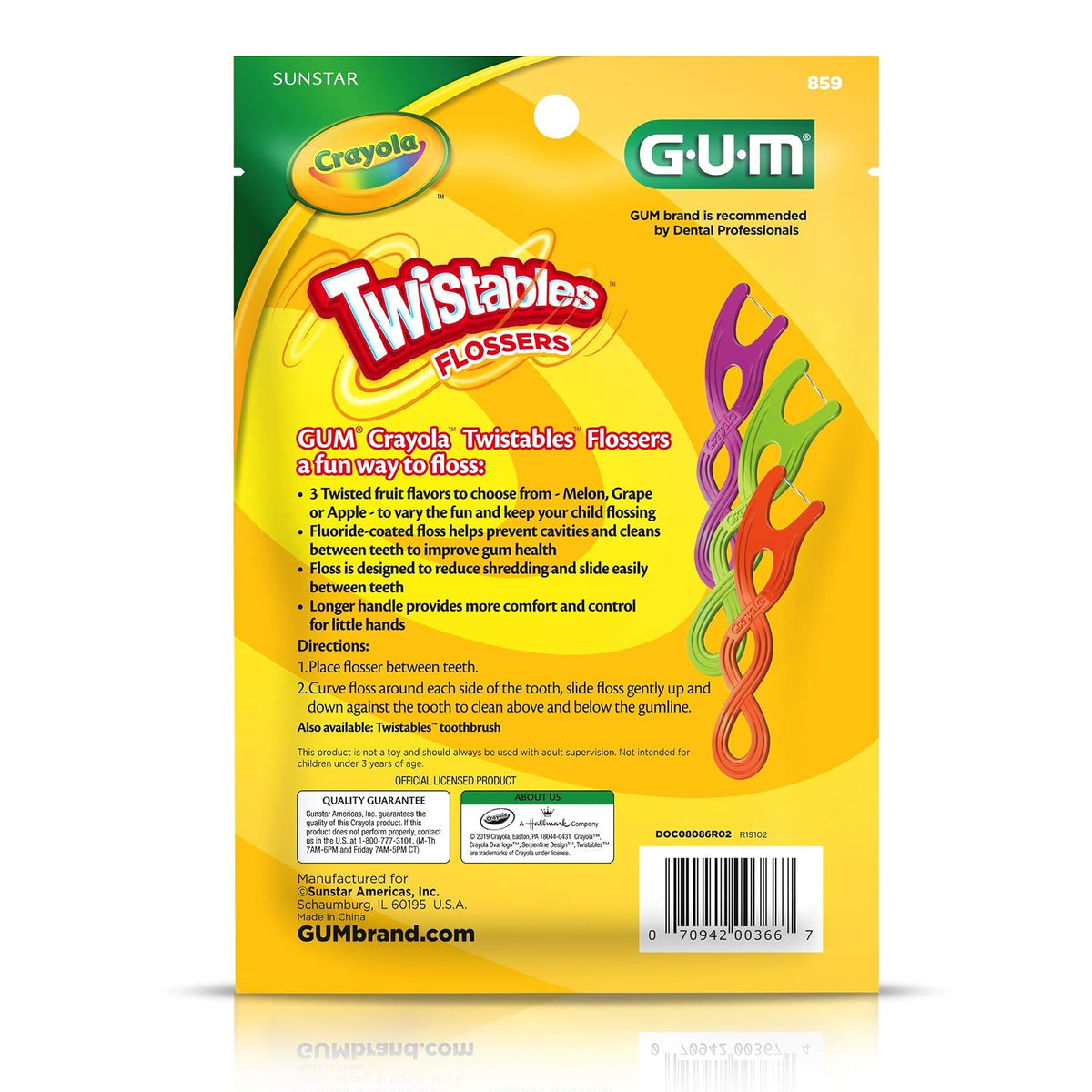 GUM Crayola Twistables Flossers Niños Fluoruro 90 U | Sandía, uva, manzana, 3 sabores, fluoruro, mango ergonómico