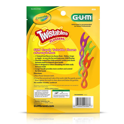 GUM Crayola Twistables Flossers Niños Fluoruro 90 U | Sandía, uva, manzana, 3 sabores, fluoruro, mango ergonómico