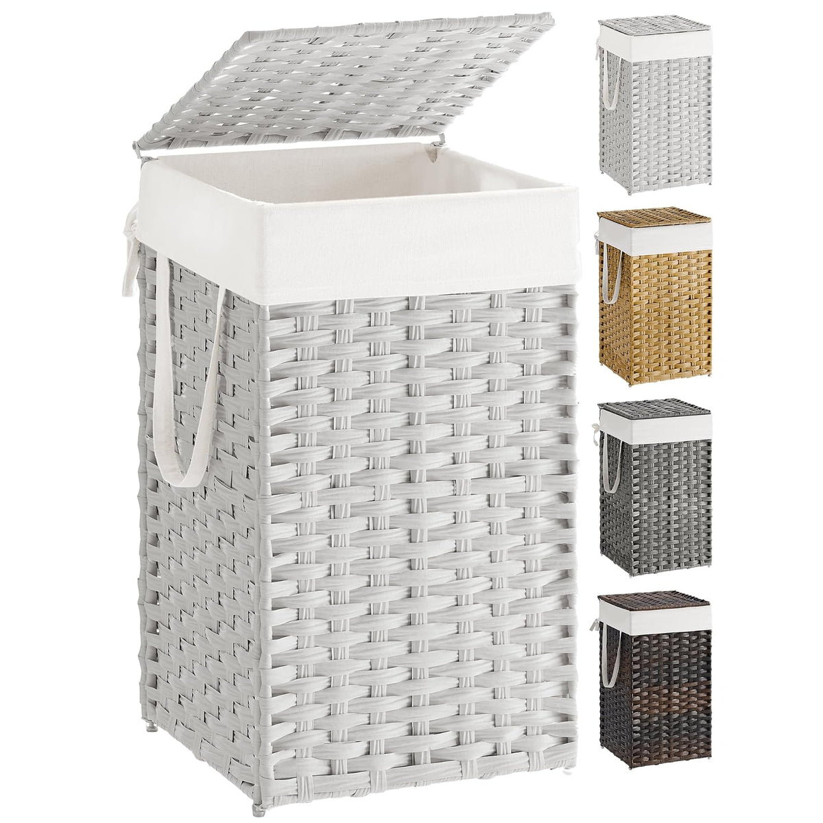 SONGMICS Cesto de lavandería con tapa, tela a mano, de polirratán, plegable, con asas y bolsa de forro extraíble, color blanco ULCB165W01