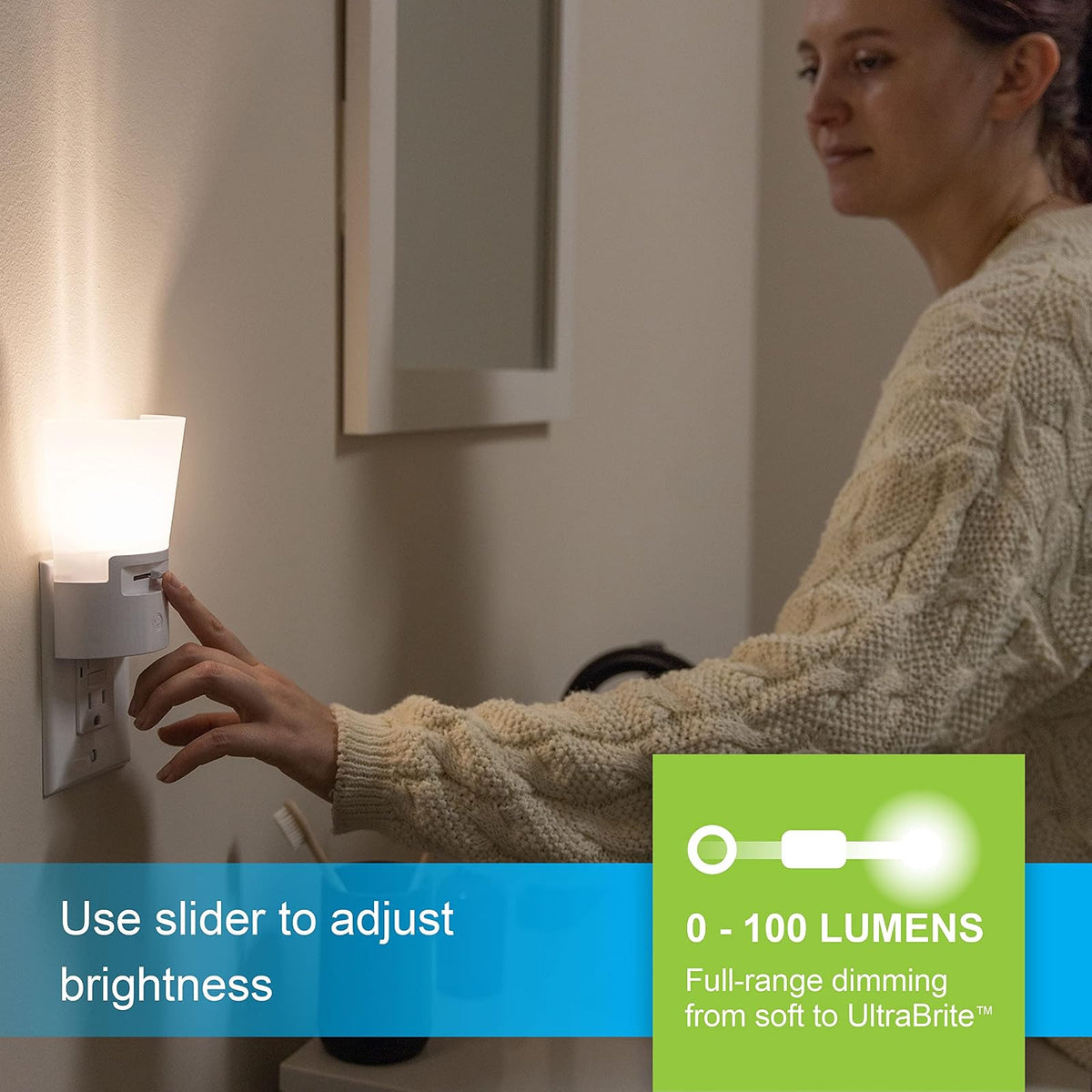 GE Ultrabrite Dimmable Sconce LED Night Light Plug-In, Energy Efficient, Dusk-to-Dawn Sensor, Adjustable , Ideal for Bedroom, Bathroom, Hallway, Nursery, White, 45123, 1 Pack