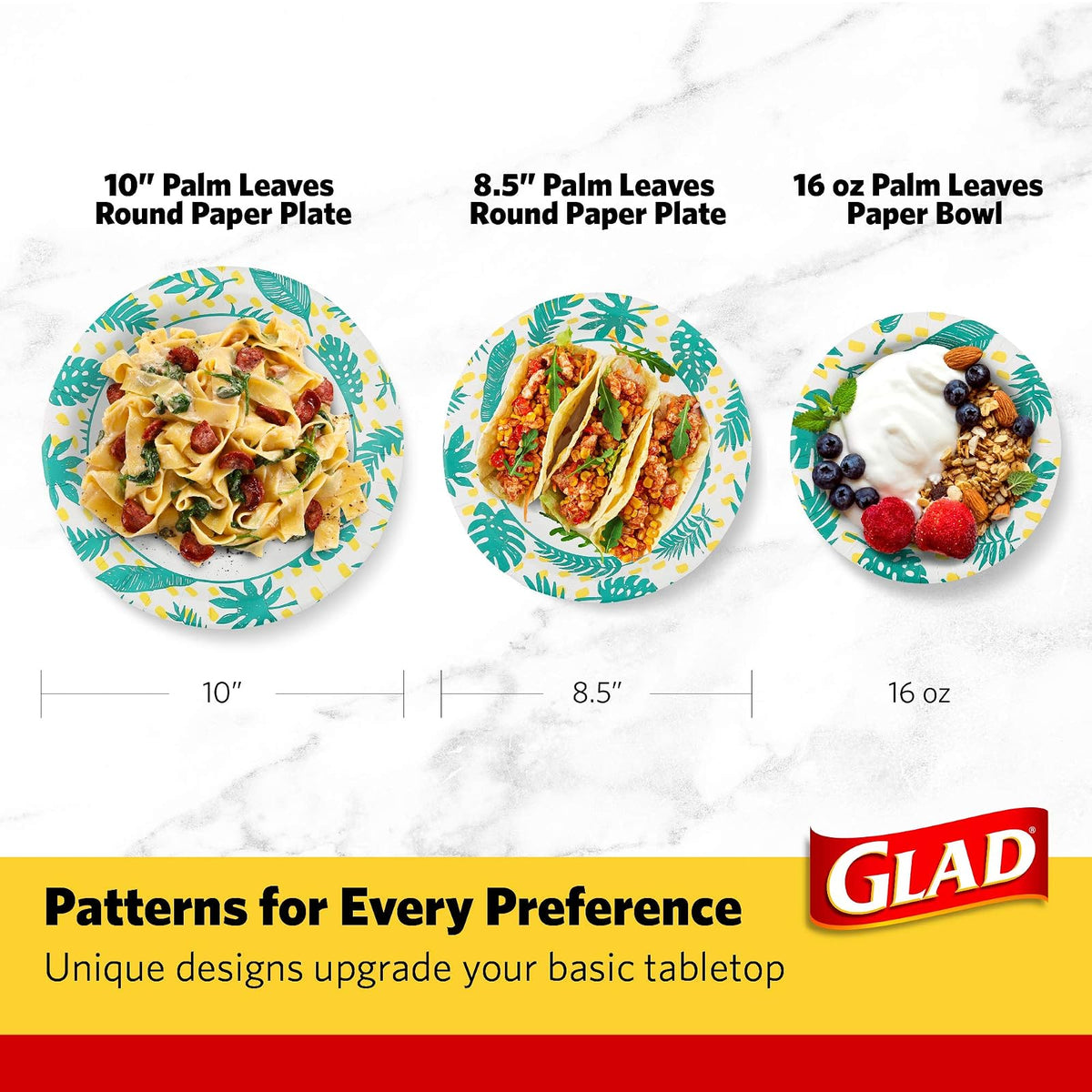 Glad Tabletop Round Disposable Paper Plates With Palm Leaves Design, 10 Inches, 50 Count