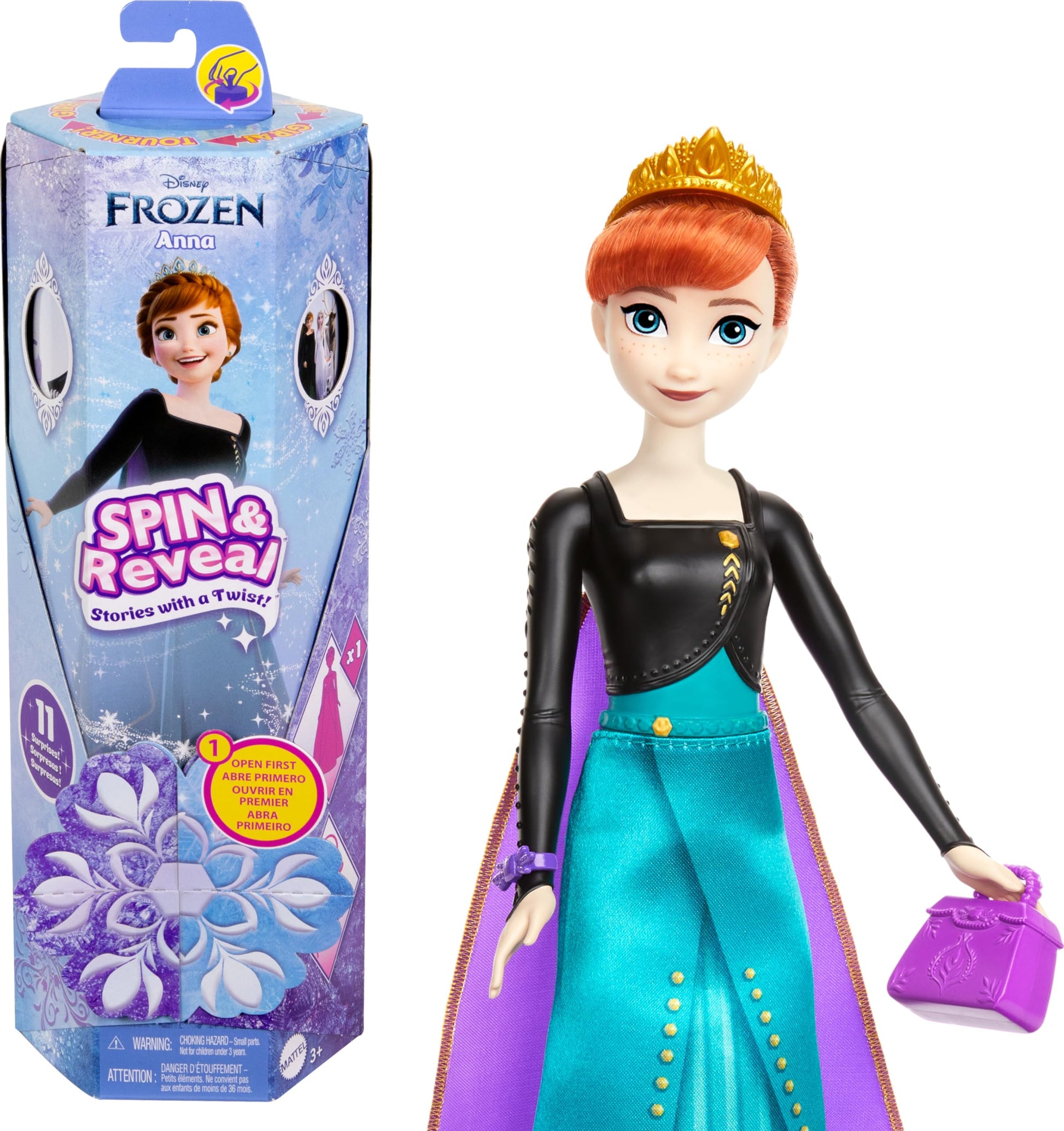 Mattel Disney Frozen Anna - Juego de muñecas de Moda, Girar y revelar con 11 sorpresas, Incluyendo 5 Accesorios, 5 calcomanías y Escena de Juego, Inspirado en la película