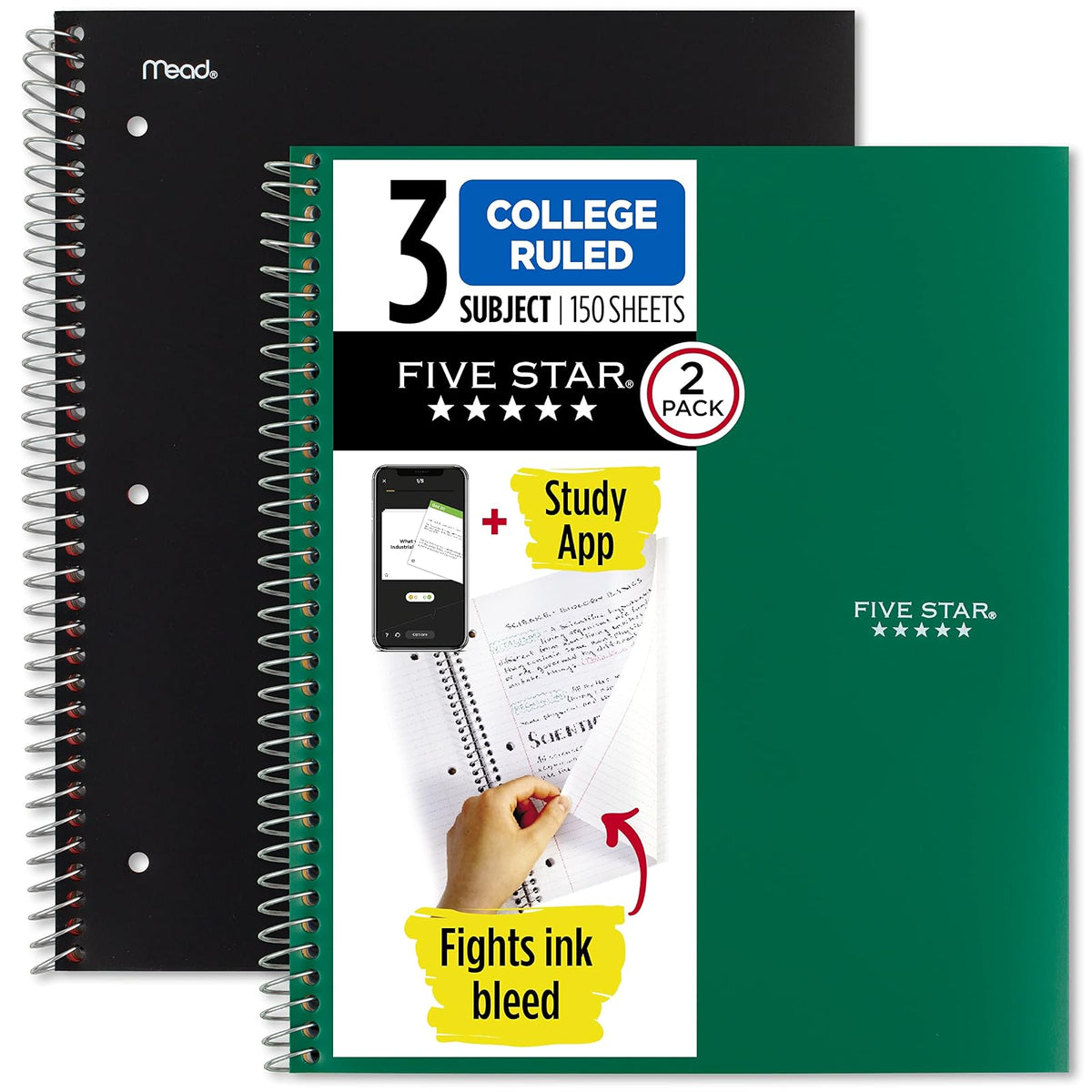 Five Star Cuaderno espiral + aplicación de estudio, paquete de 2, 3 temas, papel rayado universitario, 8-1/2 x 11 pulgadas, 150 hojas, lucha contra el sangrado de tinta, cubierta resistente al agua