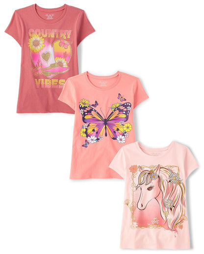 The Children's Place - Camisetas Estampadas de Manga Corta para niñas, Varios Paquetes