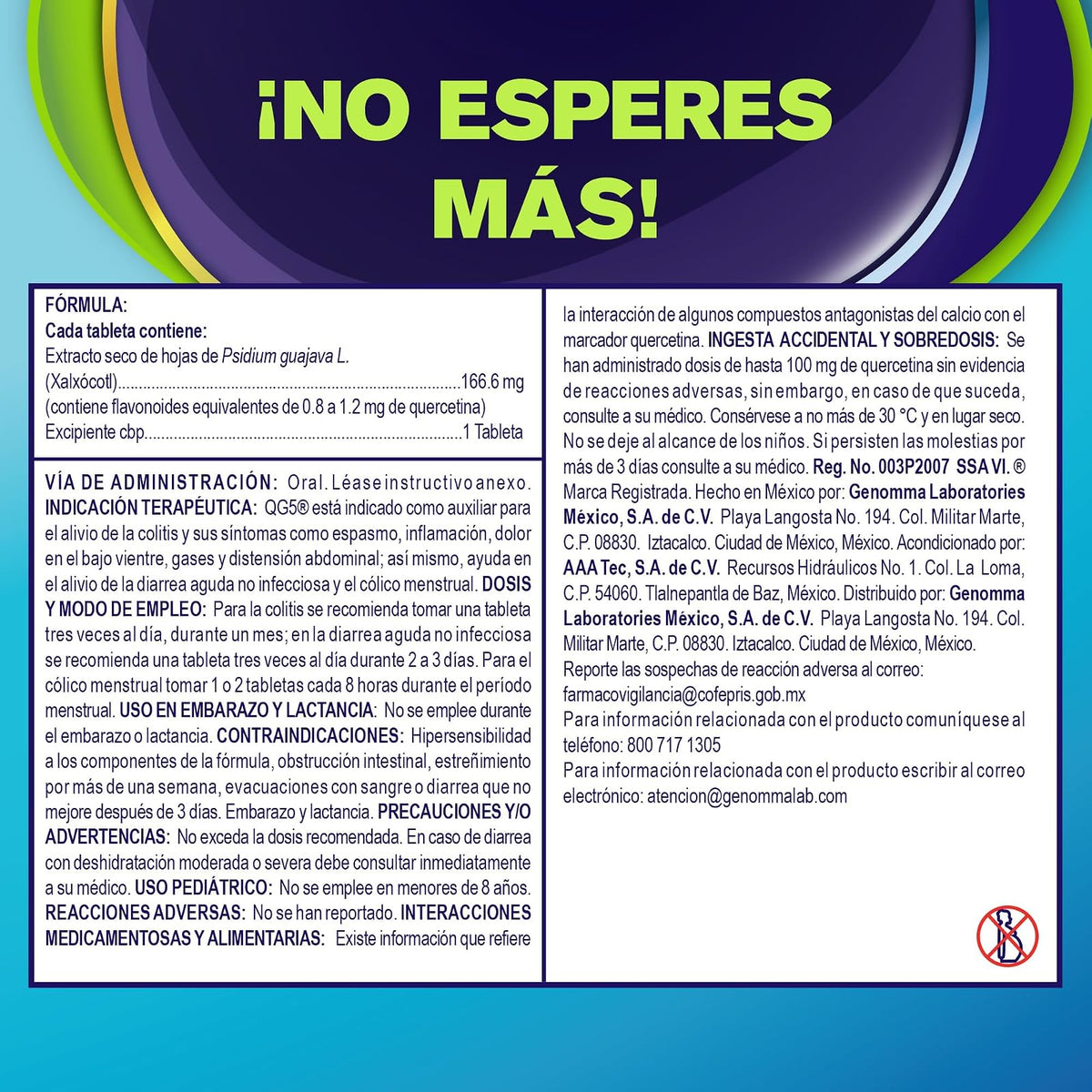 QG5 - Alivio para la Colitis. Ingredientes de origen 100% natural que alivian inflamación, dolor, diarrea, gases y espamos. Caja con 30 tabletas