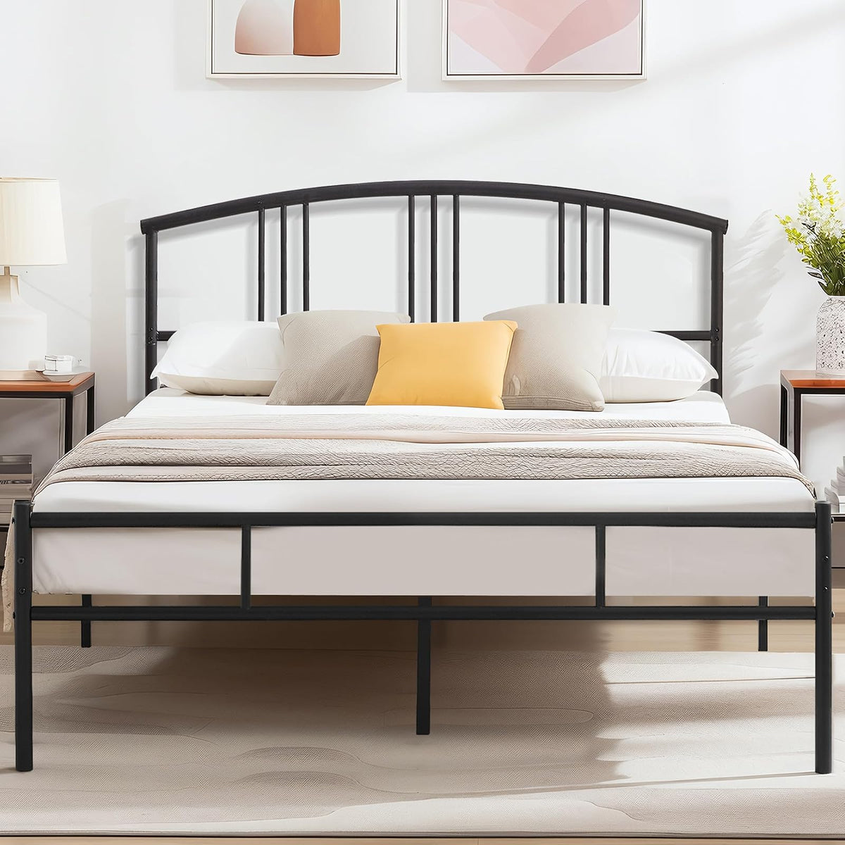 VECELO Base de Cama Queen,Base de colchón de Plataforma de Metal de 14 Pulgadas con cabecero, Soporte de Listones de Acero, no Necesita somier, fácil Montaje