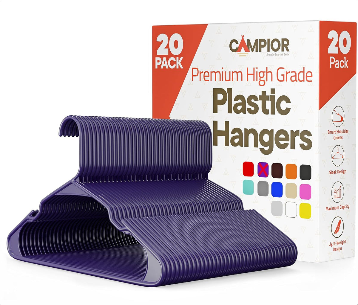 Campior Premium Clothes Hangers – Space-Saving Slim Design, Lightweight and Durable Plastic with Smart Shoulder Grooves, Versatile Usage for Organizing Laundry, Coats & Clothes, Purple, Pack of 20 - 20 Pack - Morado