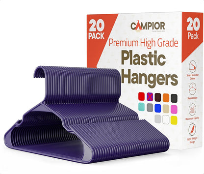 Campior Premium Clothes Hangers – Space-Saving Slim Design, Lightweight and Durable Plastic with Smart Shoulder Grooves, Versatile Usage for Organizing Laundry, Coats & Clothes, Purple, Pack of 20 - 20 Pack - Morado
