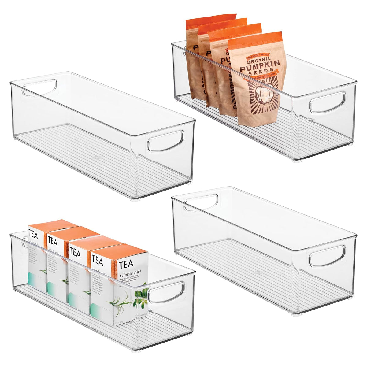 iDesign - cubeta de almacenamiento apilable de plástico con asas para armarios o nevera, juego de 4 unidades, transparente