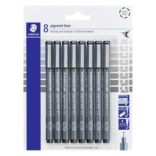STAEDTLER - Rotulador de pigmento, color negro, 8 bolígrafos, anchos de línea surtidos, 0.05 mm, 0.1 mm, 0.2 mm, 0.3 mm, 0.5 mm, 0.8 mm, 1.0 mm, 1.2 mm