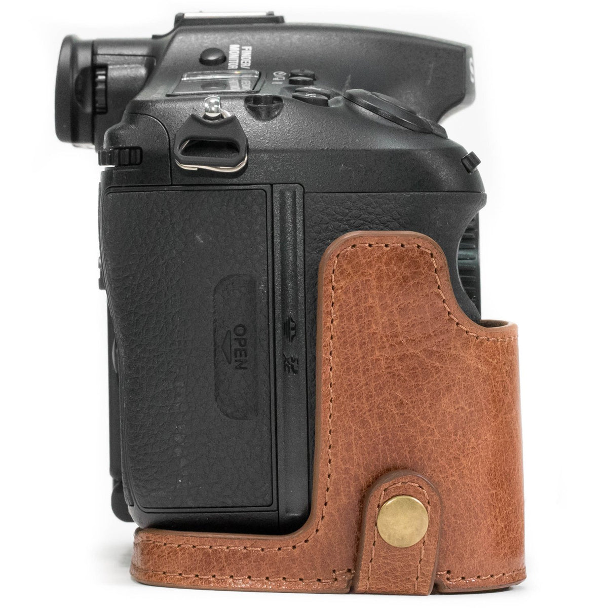 MegaGear MG1084 Estuche Ever Ready, Media Funda, Estuche de Base, Funda de Cuero, de Pronto Uso, con Correa Compatible con Sony Alpha A99 II - Marron Oscuro