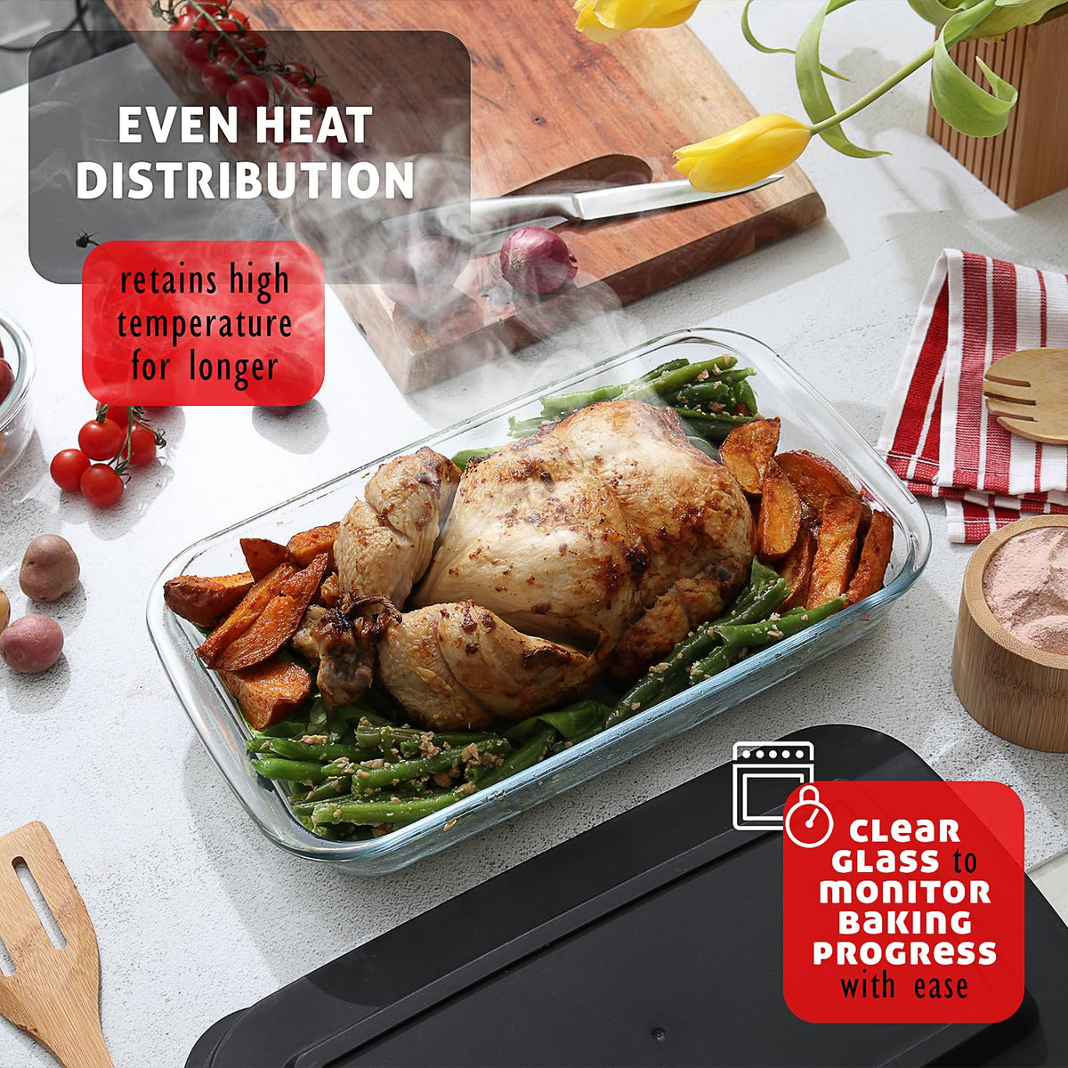 EATEX - Cazuela de vidrio profundo de 8 piezas para horno con tapas de plástico, platos de horno de vidrio para horno, utensilios rectangulares para hornear para lasaña, cocina, sobras, cocina