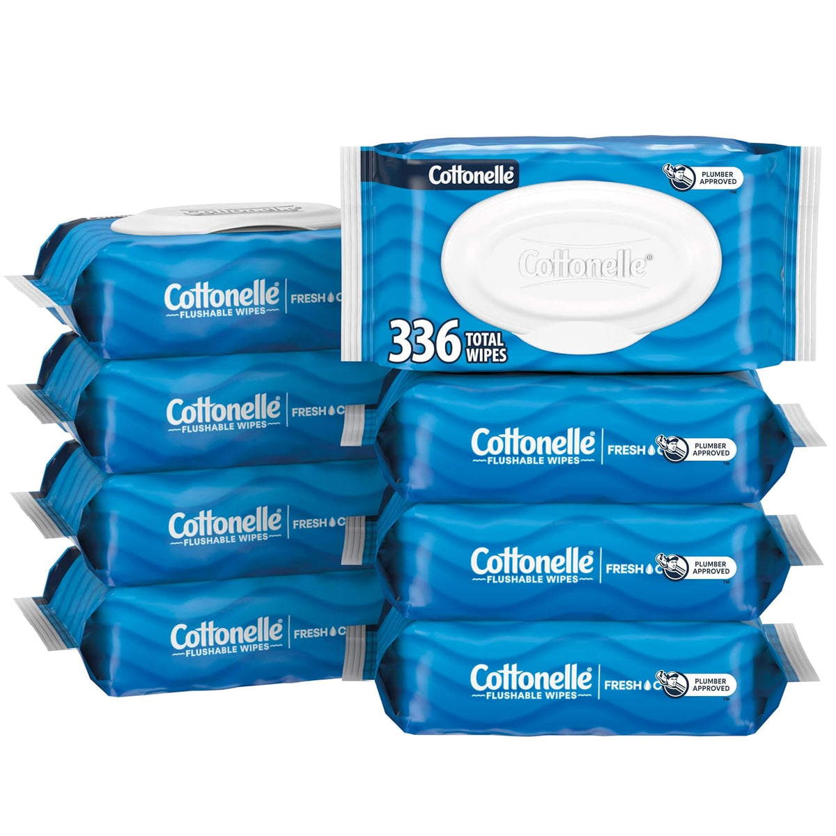 Cottonelle FreshCare Flushable Wet Wipes for Adults, Alcohol Free, 336 Wipes per Pack (Eight 42-Count Flip-Top Packs)
