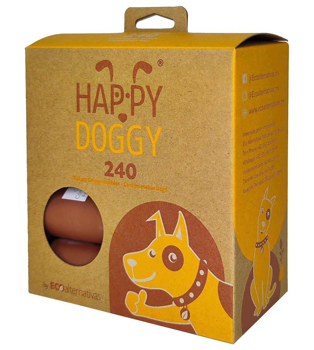 Ecoalternativas | HappyDoggy, Bolsas Certificadas Compostables para heces de Mascota, Hecho a Base de Fécula de Maíz, Viene con 240 Bolsas Biodegradables en 16 Rollitos, 22x32cm