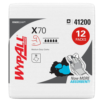 WypAll Power Clean X70 - Paños de servicio medio (41200), cuarto de pliegue, rendimiento de larga duración, blanco, 12 paquetes, 76 hojas/paquete