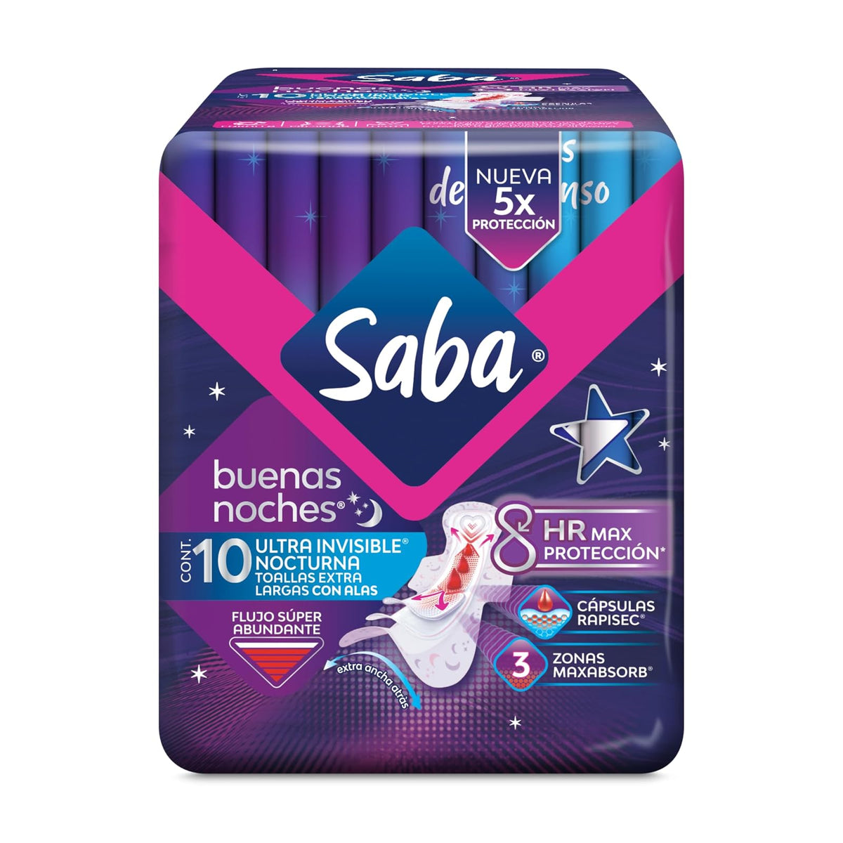 Saba Ultra Invisible Buenas Noches, Toallas Nocturnas Con Alas, Flujo Súper Abundante, 80 Piezas