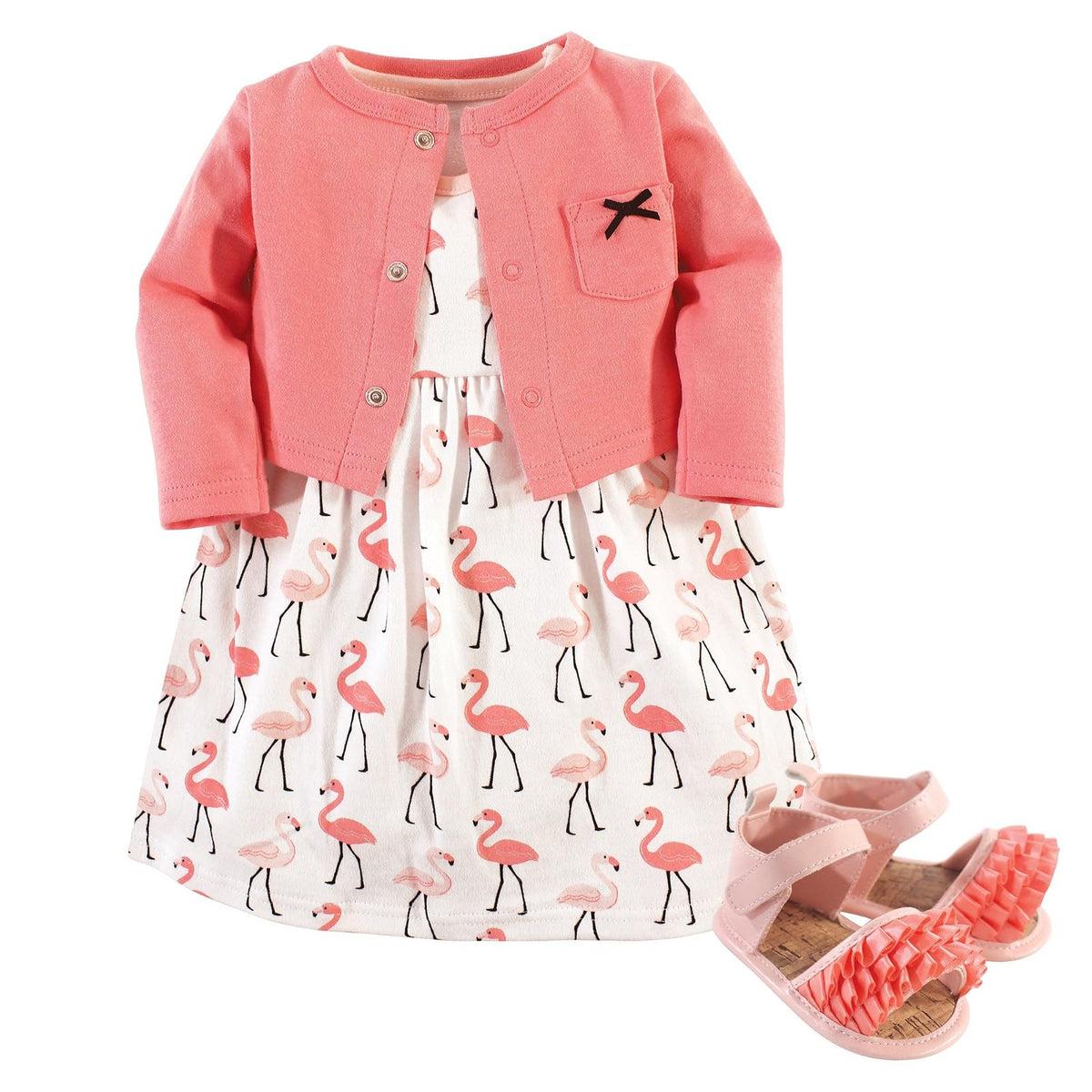 Hudson Baby Vestido de 3 piezas, cárdigan, juego de zapatos para niña - Bebé - 6-9 Meses - Flamencos