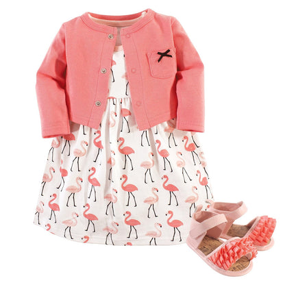 Hudson Baby Vestido de 3 piezas, cárdigan, juego de zapatos para niña - Bebé - 6-9 Meses - Flamencos
