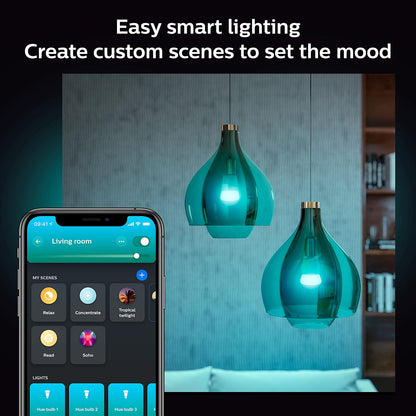 Philips Hue Color A19 foco LED inteligente 2PK + Puente Hue - Blanco y Ambiente de Color
