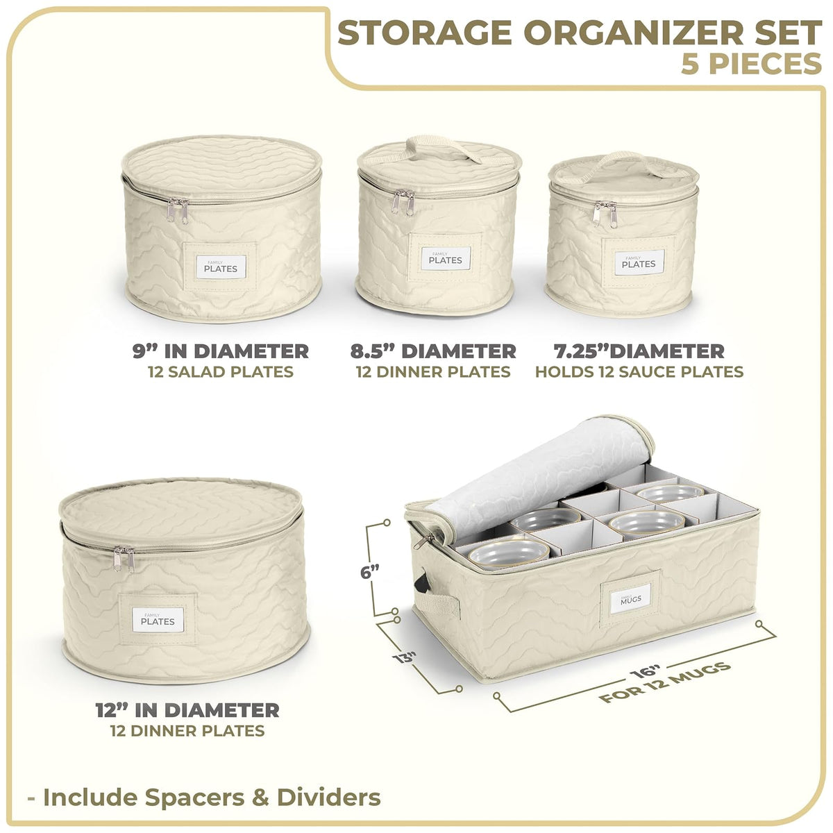 Sorbus China Storage Containers - 5 Pc Quilted Set for Moving & Transporting Dinnerware, Dishes, Round Plates, Glassware, Cups & Mugs with Felt Plate Protectors - Fine China Glass, Plate Storage Cases