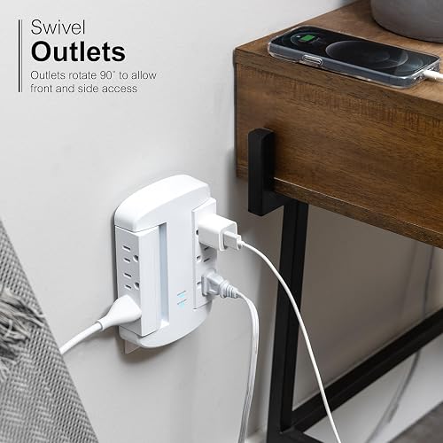 GE Extensor de 6 Enchufes, Protector contra Sobretensiones, Acceso Lateral Giratorio, Adaptador de Enchufe de Pared, 3 Clavijas, 980 Joules, Certificado ETL, Blanco, 81781