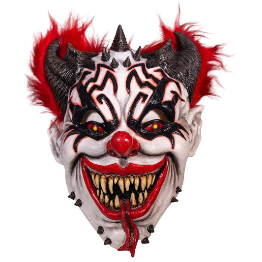 REV Máscara de Látex Demon Clown, Payaso Demoníaco con Cuernos y Sonrisa Macabra para Halloween, Cosplay Horror y Disfraz de Terror Adulto