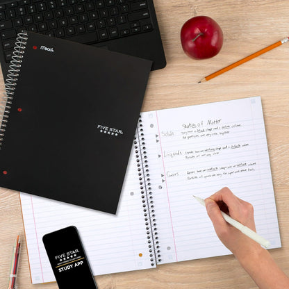 Five Star Cuaderno en espiral, 5 temas, papel de rayas anchas, 200 hojas, 10-1/2" x 8", negro (72045)