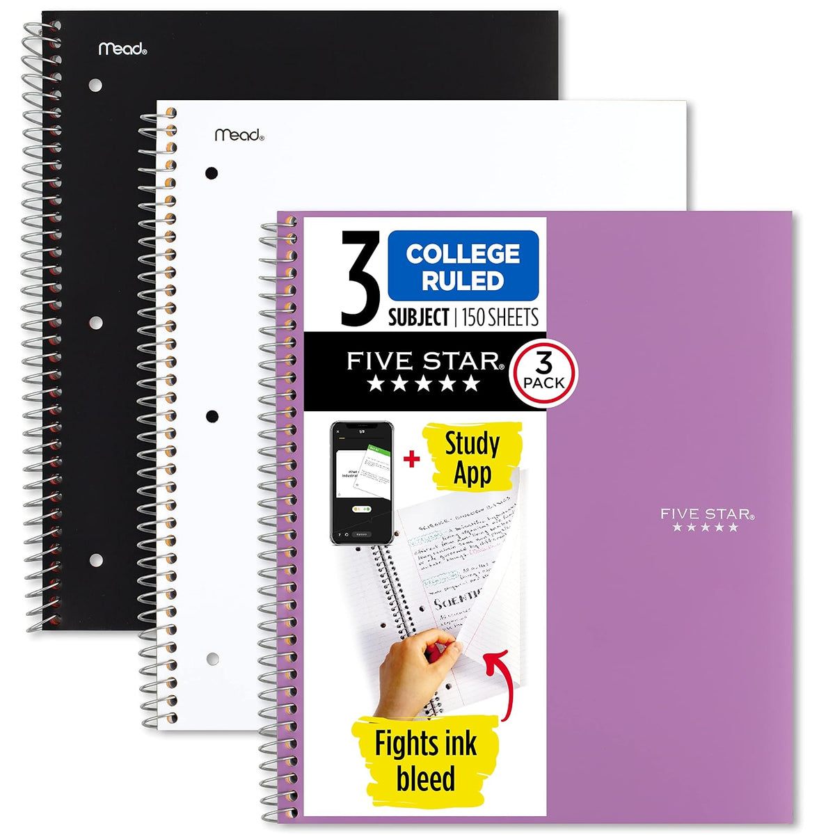 Five Star Cuaderno Espiral 3 Materias Paquete de 2, 150 Hojas - Negro, blanco, amatista - Paquete de 3