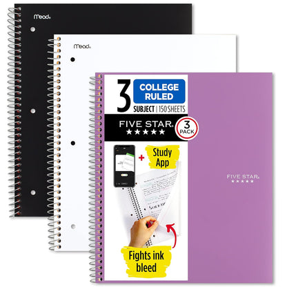 Five Star Cuaderno Espiral 3 Materias Paquete de 2, 150 Hojas - Negro, blanco, amatista - Paquete de 3