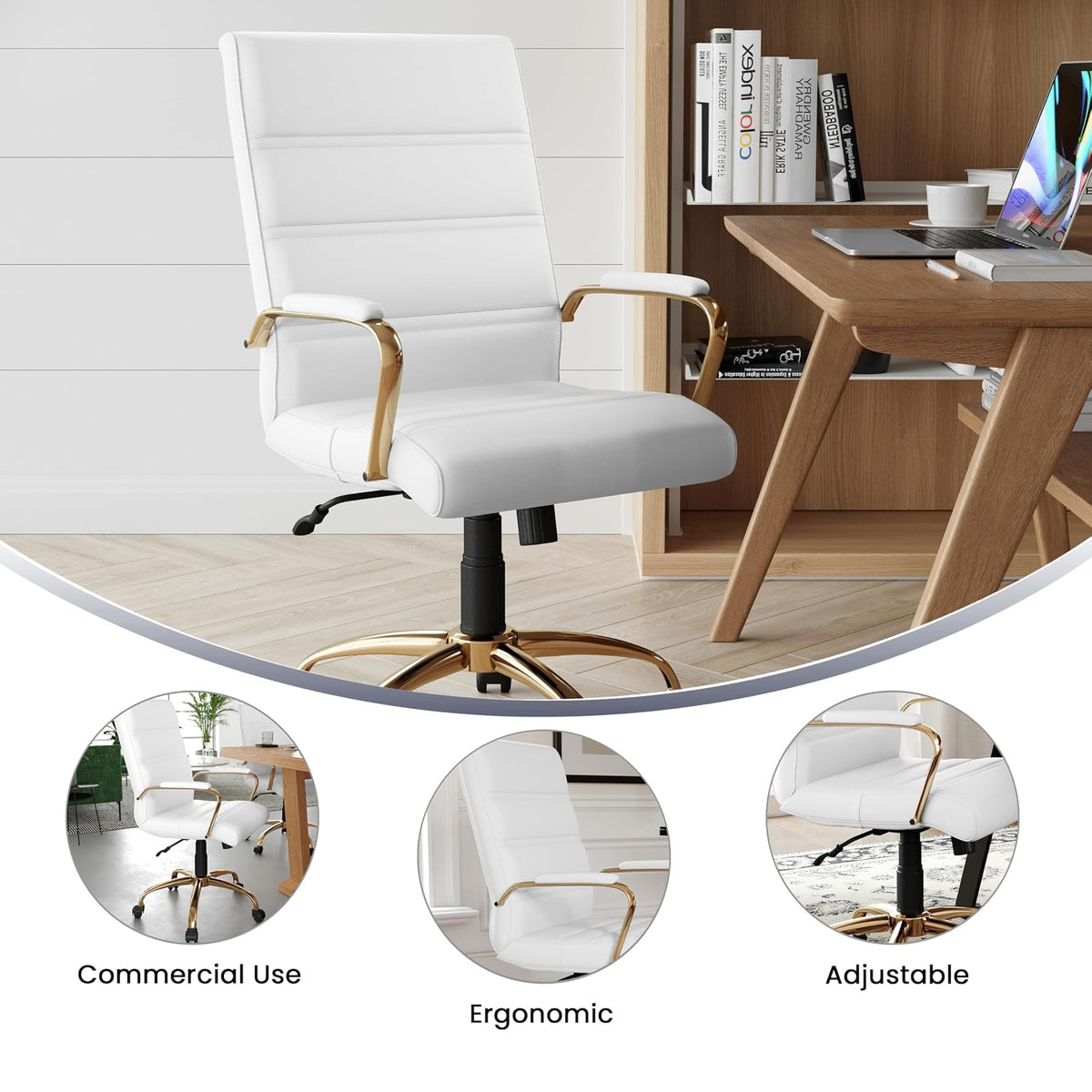 Flash Furniture Silla de Oficina con Respaldo Medio - Silla de Escritorio Ejecutiva de Polipiel Blanco Silla de Computadora con Estructura Dorada y Reposabrazos, 23" W x 24" D x 37" - 40.75" H