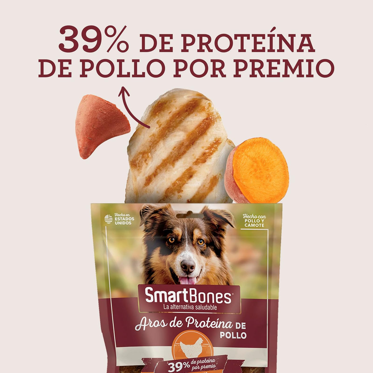SmartBones Premios para Perro, Aros de proteína de Pollo y camote, 141 g