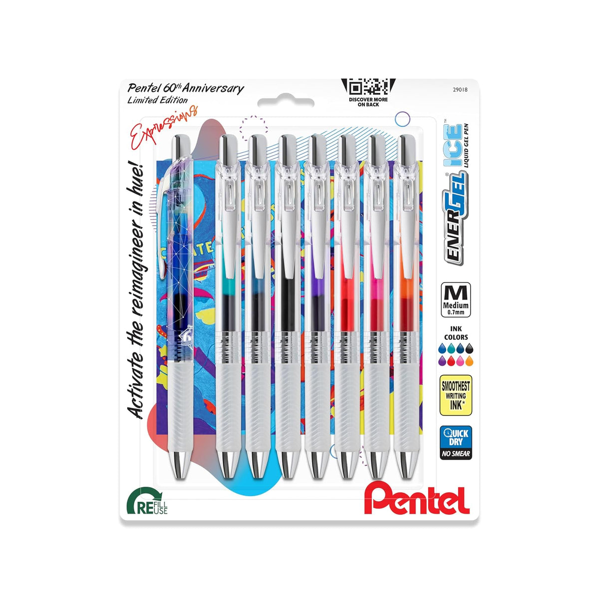Pentel EnerGel Expressions, paquete de edición limitada del 60 aniversario, bolígrafos de gel líquido ICE (0,7 mm), línea media, colores de tinta surtidos, paquete de 8 (BL77TLABP8M)
