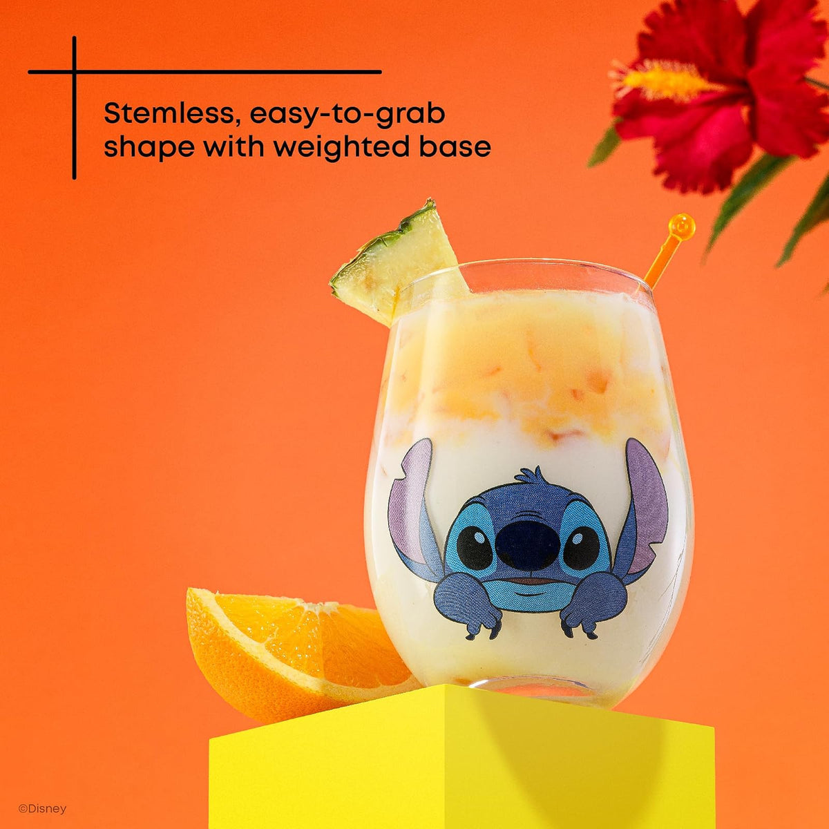 JoyJolt Disney Stitch Tonly Sips - Vasos para beber sin tallo, tazas de vidrio de lágrima de 19 onzas, juego de 4 vasos de vidrio, cosas de puntada, regalos de Lilo y puntada, regalos de Disney para