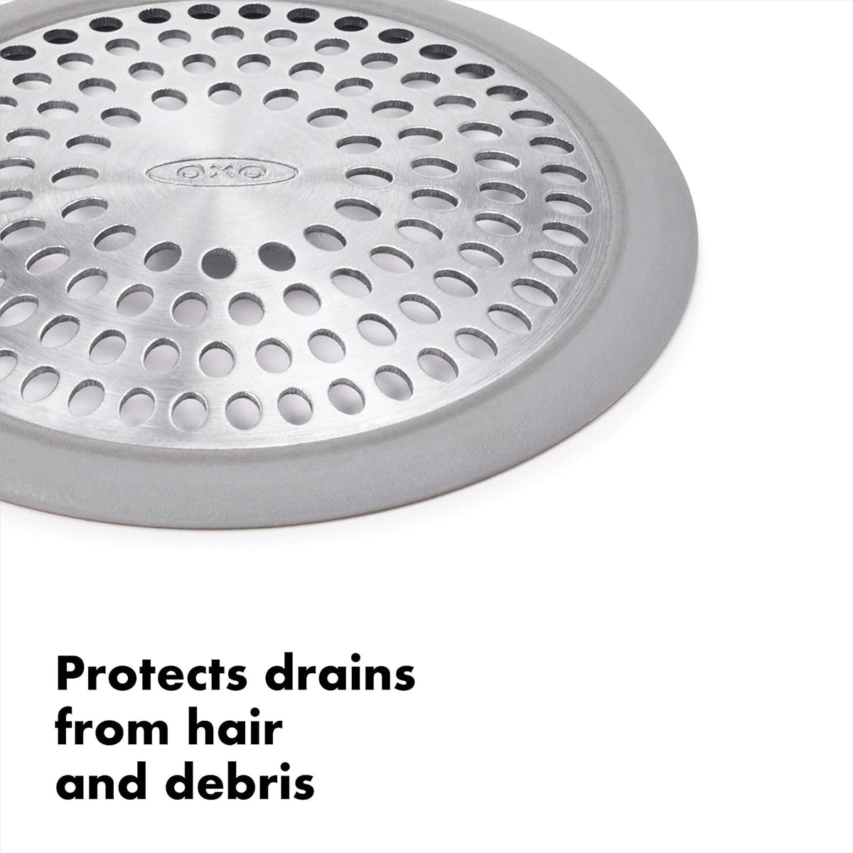 OXO Good Grips Protector de Drenaje para Tina | Acero inoxidable a prueba de óxido, borde de silicona antideslizante, se adapta a desagües de ducha estándar
