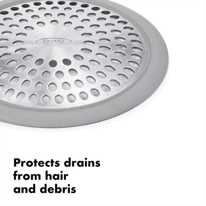 OXO Good Grips Protector de Drenaje para Tina | Acero inoxidable a prueba de óxido, borde de silicona antideslizante, se adapta a desagües de ducha estándar