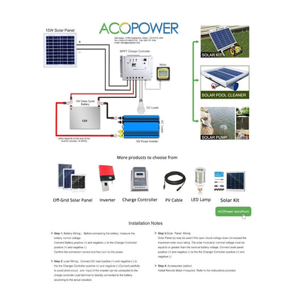 ACOPOWER Módulo de panel solar fotovoltaico policristalino de 15 W, 15 W, 12 V, carga de batería