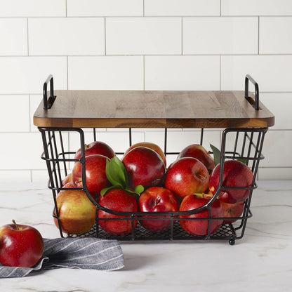 Gourmet Basics by Mikasa Madam - Cesta rectangular apilable de metal con tapa de acacia, color negro antiguo
