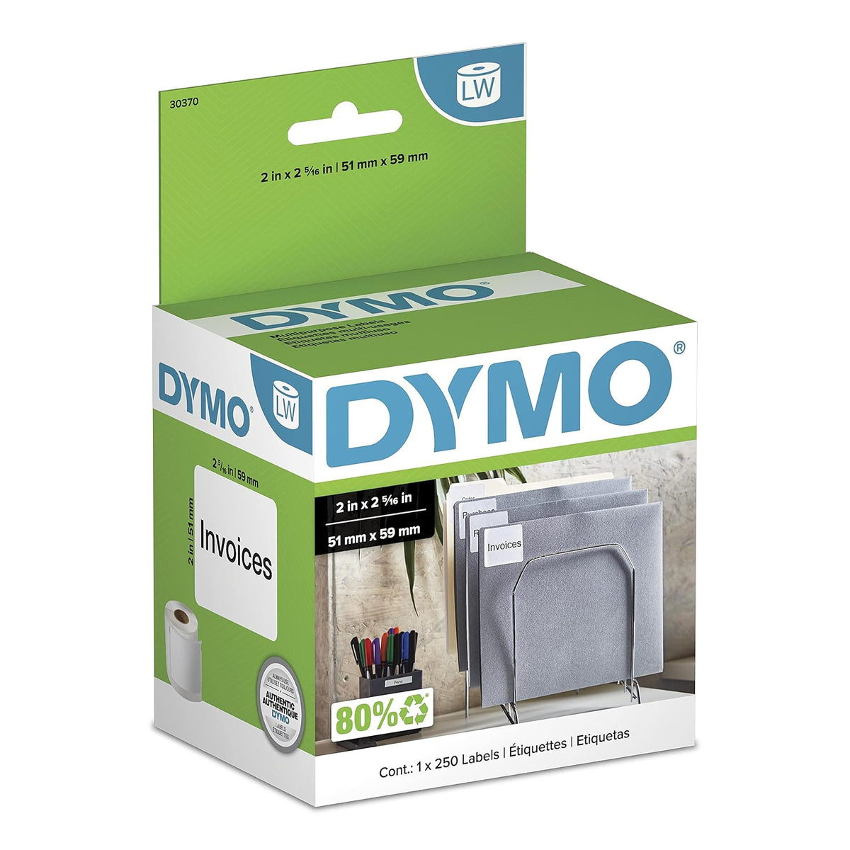 DYMO LW Multi-Purpose Labels for LabelWriter Label Printers, White, 2'' x 2-5/16'', 1 roll of 250 (30370)