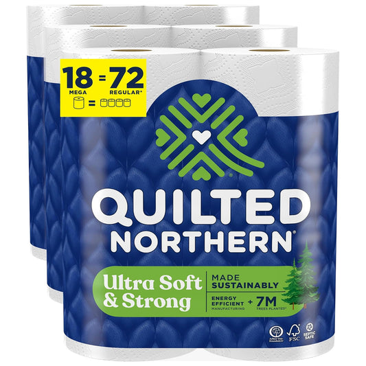 Papel higiénico acolchado Northern ultra suave y fuerte, 18 mega rollos = 72 rollos regulares, 5 veces más fuerte, papel higiénico suave de alta calidad con embalaje de papel reciclable