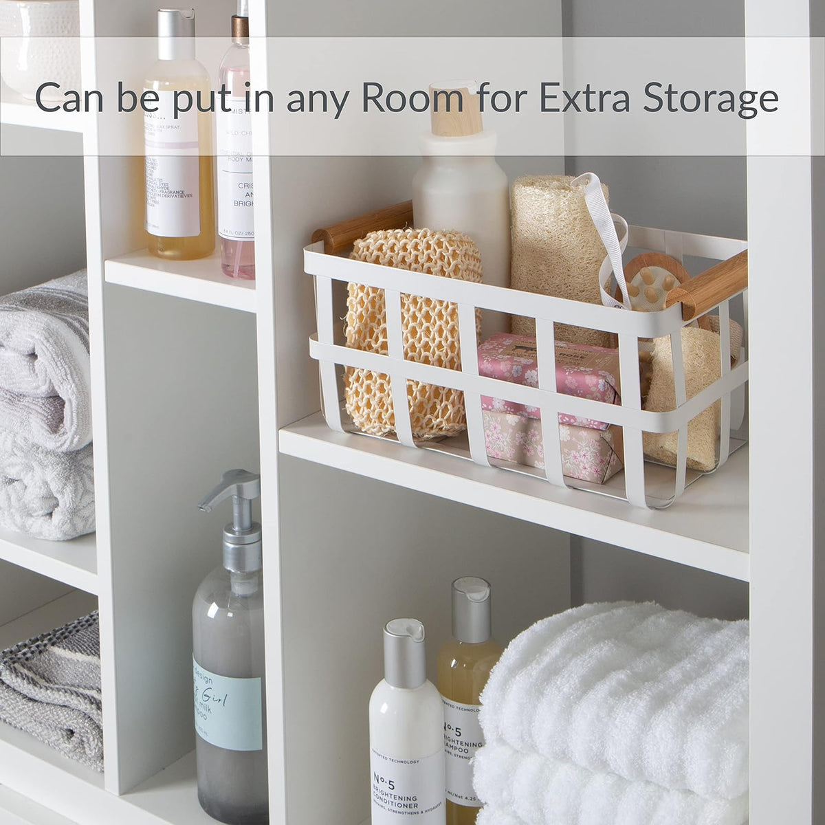 Simplify Cesta Rectangular de Almacenamiento de Metal con Asas de bambú, Grande, Cesta de Alambre Estilo Granja | Organizador del hogar, Decorativo, rústico | Blanco