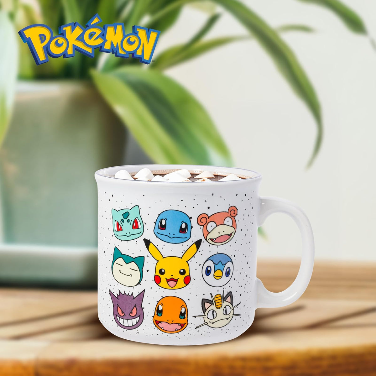 Silver Buffalo Pokemon Bulbasaur, Squirtle, Slowpoke, Snorlax, Pikachu, Piplup, Haunter, Charmander y Meowth Camper Taza, 20 onzas