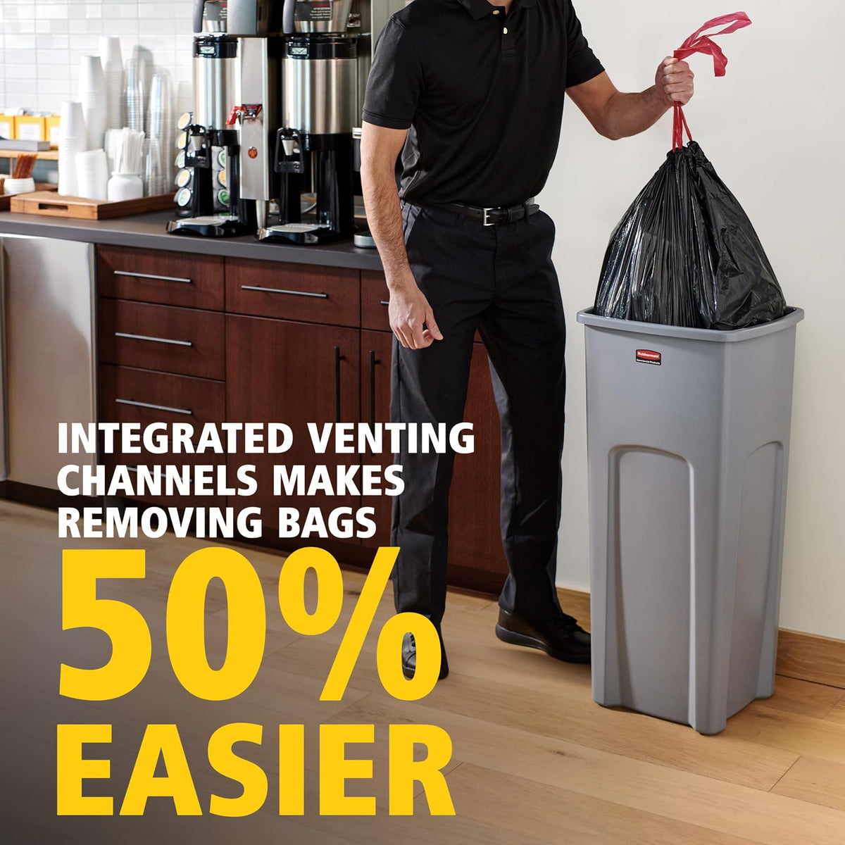 Rubbermaid Commercial Products Untouchable® – Contenedor Cuadrado con Tapa Abatible sin Contacto, Bote con Canales de Ventilación para una Fácil Extracción de Bolsas, Capacidad de 87 L, Gris 2143862